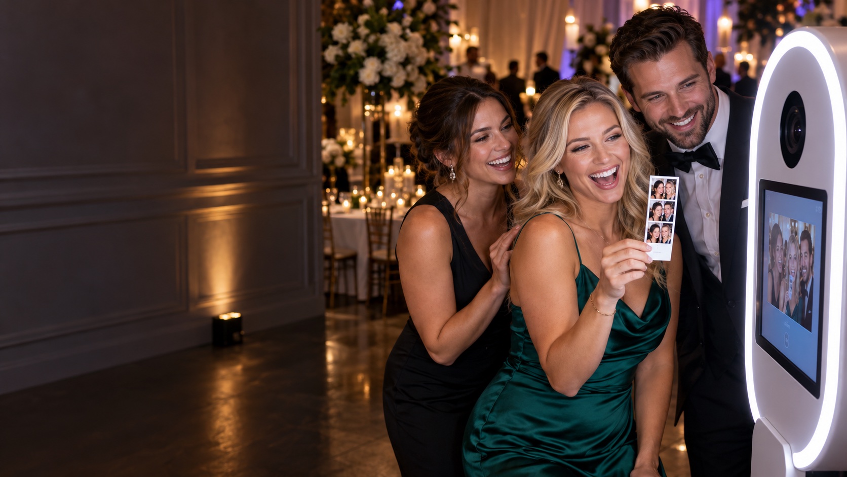 A blonde woman holding a photo strip as friends enjoy a photo booth at a wedding reception.